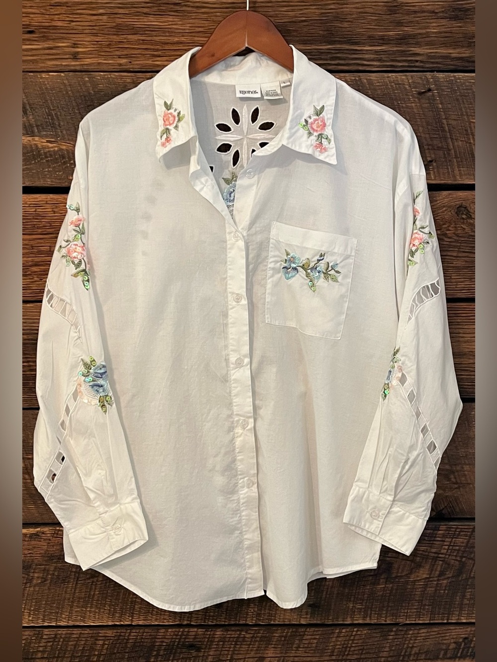 Vintage 90s boho floral embroidered long sleeve blouse eyelet sequined Lg